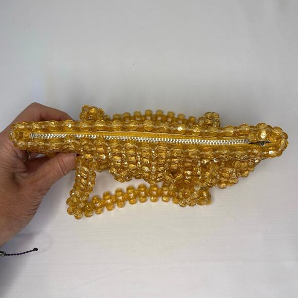 Vintage 1690's Handmade Acrylic Crystal Beaded Handle Bag Evening Bag Yellow - Picture 3 of 11